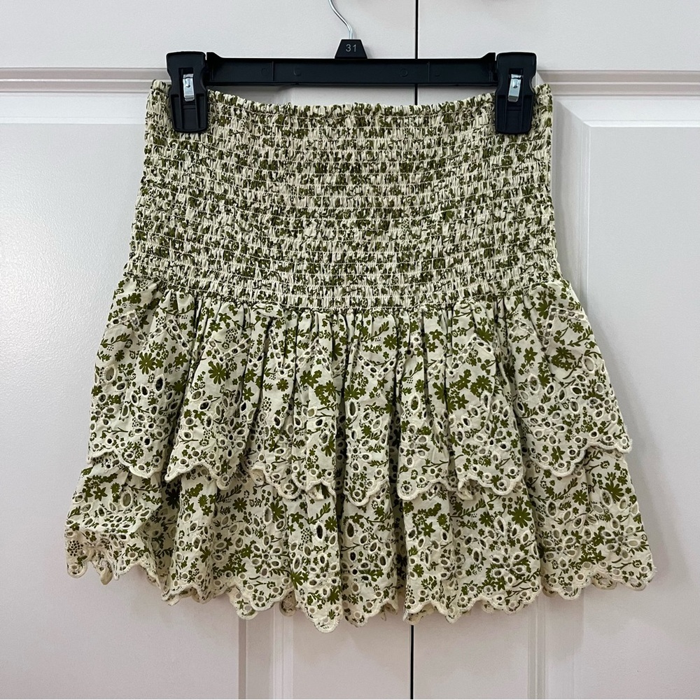 Zara Eyelet Floral Patterned Smocked Mini Skirt in Green and Beige